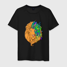 Мужская футболка хлопок с принтом Царь природы , 100% хлопок | прямой крой, круглый вырез горловины, длина до линии бедер, слегка спущенное плечо. | голова | грива | животное | кошка | лев | листья | природа | растения | цветы