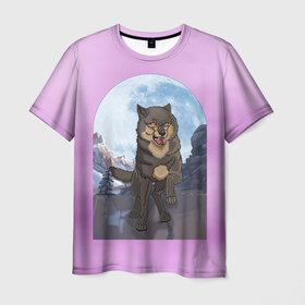 Мужская футболка 3D с принтом Волк оборотень в полнолуние, лиловое небо в Тюмени, 100% полиэфир | прямой крой, круглый вырез горловины, длина до линии бедер | Тематика изображения на принте: волк | лиловый | луна | небо | ночь | облака | оборотень | полнолуние | сиреневый | фиолетовый