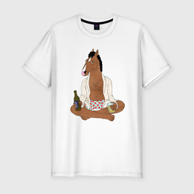 Мужская футболка хлопок Slim с принтом Медитирующий БоДжек в Новосибирске, 92% хлопок, 8% лайкра | приталенный силуэт, круглый вырез ворота, длина до линии бедра, короткий рукав | bojack horseman | конь | конь боджек | медитация | мультфильм | сидит