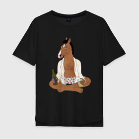 Мужская футболка хлопок Oversize с принтом Медитирующий БоДжек в Новосибирске, 100% хлопок | свободный крой, круглый ворот, “спинка” длиннее передней части | bojack horseman | конь | конь боджек | медитация | мультфильм | сидит