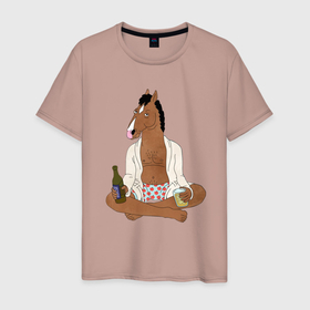 Мужская футболка хлопок с принтом Медитирующий БоДжек в Тюмени, 100% хлопок | прямой крой, круглый вырез горловины, длина до линии бедер, слегка спущенное плечо. | bojack horseman | конь | конь боджек | медитация | мультфильм | сидит