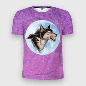 Мужская футболка 3D Slim с принтом Волк оборотень и Луна, звёздное небо в Тюмени, 100% полиэстер с улучшенными характеристиками | приталенный силуэт, круглая горловина, широкие плечи, сужается к линии бедра | волк | звёзды | космос | луна | небо | ночь | оборотень | полнолуние
