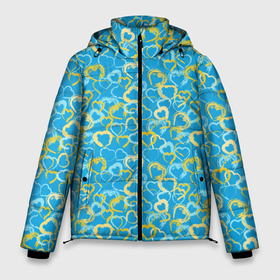 Мужская зимняя куртка 3D с принтом Золотые и голубые сердца на небесно синем фоне в Тюмени, верх — 100% полиэстер; подкладка — 100% полиэстер; утеплитель — 100% полиэстер | длина ниже бедра, свободный силуэт Оверсайз. Есть воротник-стойка, отстегивающийся капюшон и ветрозащитная планка. 

Боковые карманы с листочкой на кнопках и внутренний карман на молнии. | blue backgr | colored | different | festive | gold | hearts | love | lovers | many | spring | valentines day | watercolor | yellow | акварельные | весна | влюбленные | день святого валентина | желтые | золотые | лазурный | любовь | много | п