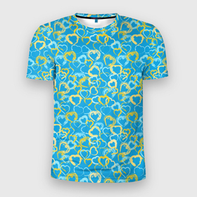 Мужская футболка 3D Slim с принтом Золотые и голубые сердца на небесно синем фоне в Белгороде, 100% полиэстер с улучшенными характеристиками | приталенный силуэт, круглая горловина, широкие плечи, сужается к линии бедра | blue backgr | colored | different | festive | gold | hearts | love | lovers | many | spring | valentines day | watercolor | yellow | акварельные | весна | влюбленные | день святого валентина | желтые | золотые | лазурный | любовь | много | п