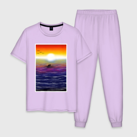 Мужская пижама хлопок с принтом Дельфин (закат) в Санкт-Петербурге, 100% хлопок | брюки и футболка прямого кроя, без карманов, на брюках мягкая резинка на поясе и по низу штанин
 | волны | дельфин | закат | картина | море | солнце
