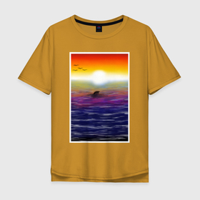 Мужская футболка хлопок Oversize с принтом Дельфин (закат) в Кировске, 100% хлопок | свободный крой, круглый ворот, “спинка” длиннее передней части | Тематика изображения на принте: волны | дельфин | закат | картина | море | солнце
