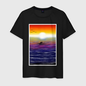 Мужская футболка хлопок с принтом Дельфин (закат) в Санкт-Петербурге, 100% хлопок | прямой крой, круглый вырез горловины, длина до линии бедер, слегка спущенное плечо. | волны | дельфин | закат | картина | море | солнце
