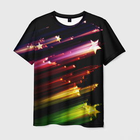 Мужская футболка 3D с принтом Полет звезды , 100% полиэфир | прямой крой, круглый вырез горловины, длина до линии бедер | звезда | звездочки | звезды | камета | каметы | полет звезды | радуга | размытие | размытые | разнозветное | хвост