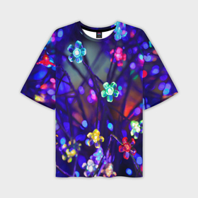 Мужская футболка OVERSIZE 3D с принтом Новогодние Яркие Цветы ,  |  | Тематика изображения на принте: блеск | гирлянда | новый год | огоньки | праздник | цветы | ярко | яркое