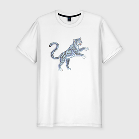 Мужская футболка хлопок Slim с принтом Водяной голубой тигрёнок, символ 2022 в Новосибирске, 92% хлопок, 8% лайкра | приталенный силуэт, круглый вырез ворота, длина до линии бедра, короткий рукав | 1962 | 1974 | 1986 | 1998 | 2010 | 2022 | водяной | зверь | кот | котёнок | полосатый | синий | тигр | тигрёнок