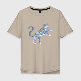 Мужская футболка хлопок Oversize с принтом Водяной голубой тигрёнок, символ 2022 в Курске, 100% хлопок | свободный крой, круглый ворот, “спинка” длиннее передней части | 1962 | 1974 | 1986 | 1998 | 2010 | 2022 | водяной | зверь | кот | котёнок | полосатый | синий | тигр | тигрёнок