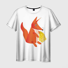 Мужская футболка 3D с принтом Fox  poligonal with bit of cheese в Белгороде, 100% полиэфир | прямой крой, круглый вырез горловины, длина до линии бедер | Тематика изображения на принте: животные | лиса | мульты | полигоны | природа | рыжий | сыр