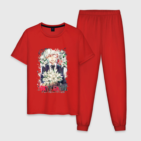 Мужская пижама хлопок с принтом Кен с цветами в Белгороде, 100% хлопок | брюки и футболка прямого кроя, без карманов, на брюках мягкая резинка на поясе и по низу штанин
 | anime | kaneki ken | tokyo ghoul | аниме | анимэ | кен канеки | кэн канеки | токийский гуль