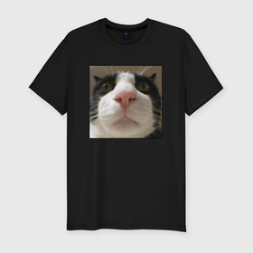 Мужская футболка хлопок Slim с принтом Задумчивый кот в Кировске, 92% хлопок, 8% лайкра | приталенный силуэт, круглый вырез ворота, длина до линии бедра, короткий рукав | animal | cat | домашние животные | животные | звери | кот | коты | кошка | кошки | смешной кот