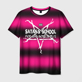 Мужская футболка 3D с принтом Satan school for bad boys and girls pink в Тюмени, 100% полиэфир | прямой крой, круглый вырез горловины, длина до линии бедер | bad boy | bad girls | satan | school | гот | готика | готы | дьябло | пентограмма | сатана | стиль | школа | эмо