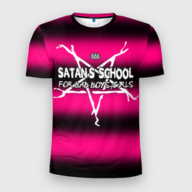 Мужская футболка 3D Slim с принтом Satan school for bad boys and girls pink в Белгороде, 100% полиэстер с улучшенными характеристиками | приталенный силуэт, круглая горловина, широкие плечи, сужается к линии бедра | bad boy | bad girls | satan | school | гот | готика | готы | дьябло | пентограмма | сатана | стиль | школа | эмо