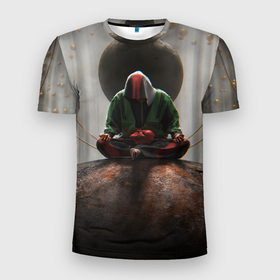 Мужская футболка 3D Slim с принтом Медитация и пост в Белгороде, 100% полиэстер с улучшенными характеристиками | приталенный силуэт, круглая горловина, широкие плечи, сужается к линии бедра | блаженство | йога | молитва | одиночество | пост | человек