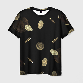Мужская футболка 3D с принтом ДОЖДЬ ИЗ BITCOIN в Екатеринбурге, 100% полиэфир | прямой крой, круглый вырез горловины, длина до линии бедер | биткоин | дождь | золото | крипвалюта | текстура