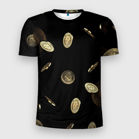 Мужская футболка 3D Slim с принтом ДОЖДЬ ИЗ BITCOIN в Петрозаводске, 100% полиэстер с улучшенными характеристиками | приталенный силуэт, круглая горловина, широкие плечи, сужается к линии бедра | Тематика изображения на принте: биткоин | дождь | золото | крипвалюта | текстура