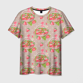Мужская футболка 3D с принтом Корзина клубники в Новосибирске, 100% полиэфир | прямой крой, круглый вырез горловины, длина до линии бедер | Тематика изображения на принте: витамины | клубника | корзина | лето | ягода | ягоды