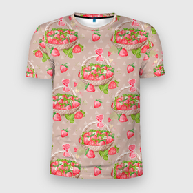 Мужская футболка 3D Slim с принтом Корзина клубники в Тюмени, 100% полиэстер с улучшенными характеристиками | приталенный силуэт, круглая горловина, широкие плечи, сужается к линии бедра | витамины | клубника | корзина | лето | ягода | ягоды