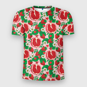 Мужская футболка 3D Slim с принтом Гранат фрукт паттерн в Екатеринбурге, 100% полиэстер с улучшенными характеристиками | приталенный силуэт, круглая горловина, широкие плечи, сужается к линии бедра | гранат | лето | паттерн | текстуры | фрукт