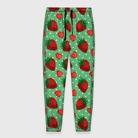 Мужские брюки 3D с принтом Клубника на зеленом фоне в Тюмени, 100% полиэстер | манжеты по низу, эластичный пояс регулируется шнурком, по бокам два кармана без застежек, внутренняя часть кармана из мелкой сетки | клубника | клубничка | лето | сладкая | ягода | ягоды
