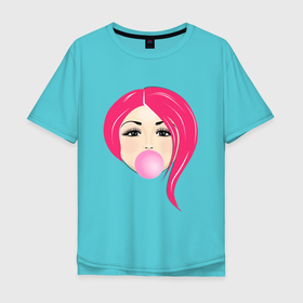 Мужская футболка хлопок Oversize с принтом Девушка надувает пузырь в Новосибирске, 100% хлопок | свободный крой, круглый ворот, “спинка” длиннее передней части | девочка | девушка | жвачка | жевачка | женщина | прическа | пузырь | розовые волосы | розовый