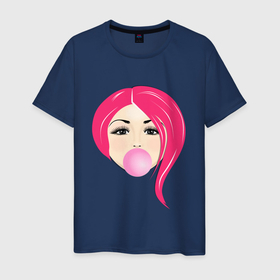 Мужская футболка хлопок с принтом Девушка надувает пузырь в Новосибирске, 100% хлопок | прямой крой, круглый вырез горловины, длина до линии бедер, слегка спущенное плечо. | Тематика изображения на принте: девочка | девушка | жвачка | жевачка | женщина | прическа | пузырь | розовые волосы | розовый