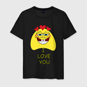 Мужская футболка хлопок с принтом Спанч Боб I Love You в Тюмени, 100% хлопок | прямой крой, круглый вырез горловины, длина до линии бедер, слегка спущенное плечо. | валентин | губка боб | день влюбленных | желтый | любовь | милота | романтика | сердца | спанч боб