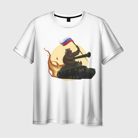 Мужская футболка 3D с принтом Медведь летит на танке в Курске, 100% полиэфир | прямой крой, круглый вырез горловины, длина до линии бедер | Тематика изображения на принте: 23 февраля | атака | медведь | танк | флаг