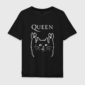 Мужская футболка хлопок Oversize с принтом Queen Рок кот в Белгороде, 100% хлопок | свободный крой, круглый ворот, “спинка” длиннее передней части | Тематика изображения на принте: queen | quen | rock | брайан мэи | группа queen | группа квин | джон дикон | квин | королева | король | роджер тейлор | рок | фредди меркьюри