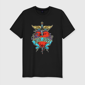 Мужская футболка хлопок Slim с принтом Bon Jovi Бон Джови в Новосибирске, 92% хлопок, 8% лайкра | приталенный силуэт, круглый вырез ворота, длина до линии бедра, короткий рукав | bon | bon jovi | jovi | rock | бон | бон джови | глэм | группа | джови | джон | метал | рок | хард
