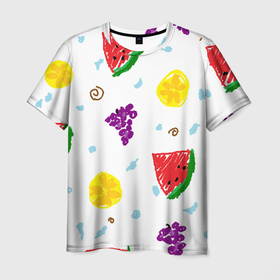 Мужская футболка 3D с принтом Пиксельные фрукты в Санкт-Петербурге, 100% полиэфир | прямой крой, круглый вырез горловины, длина до линии бедер | paint | апельсины | арбузы | веточки | виноград | вода | детские | корица | лимоны | пиксель арт | фрукты