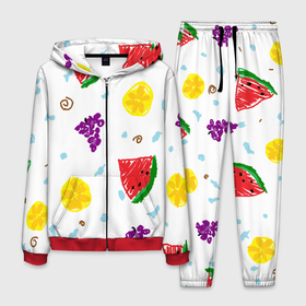 Мужской костюм 3D с принтом Пиксельные фрукты в Новосибирске, 100% полиэстер | Манжеты и пояс оформлены тканевой резинкой, двухслойный капюшон со шнурком для регулировки, карманы спереди | paint | апельсины | арбузы | веточки | виноград | вода | детские | корица | лимоны | пиксель арт | фрукты