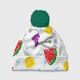 Шапка 3D c помпоном с принтом Пиксельные фрукты в Петрозаводске, 100% полиэстер | универсальный размер, печать по всей поверхности изделия | paint | апельсины | арбузы | веточки | виноград | вода | детские | корица | лимоны | пиксель арт | фрукты