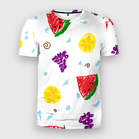 Мужская футболка 3D Slim с принтом Пиксельные фрукты в Петрозаводске, 100% полиэстер с улучшенными характеристиками | приталенный силуэт, круглая горловина, широкие плечи, сужается к линии бедра | paint | апельсины | арбузы | веточки | виноград | вода | детские | корица | лимоны | пиксель арт | фрукты