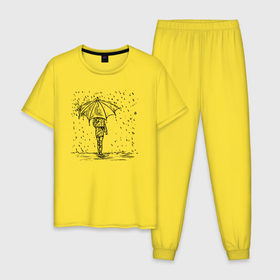 Мужская пижама хлопок с принтом Девушка с зонтом под дождем в Тюмени, 100% хлопок | брюки и футболка прямого кроя, без карманов, на брюках мягкая резинка на поясе и по низу штанин
 | вода | девушка | дождь | женщина | зонт | зонтик | капли | прогулка | рисунок