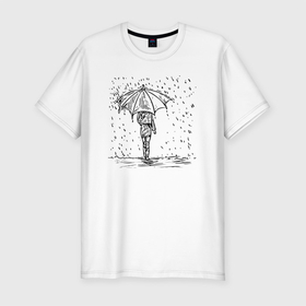 Мужская футболка хлопок Slim с принтом Девушка с зонтом под дождем в Курске, 92% хлопок, 8% лайкра | приталенный силуэт, круглый вырез ворота, длина до линии бедра, короткий рукав | вода | девушка | дождь | женщина | зонт | зонтик | капли | прогулка | рисунок