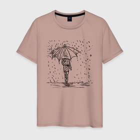 Мужская футболка хлопок с принтом Девушка с зонтом под дождем в Санкт-Петербурге, 100% хлопок | прямой крой, круглый вырез горловины, длина до линии бедер, слегка спущенное плечо. | вода | девушка | дождь | женщина | зонт | зонтик | капли | прогулка | рисунок