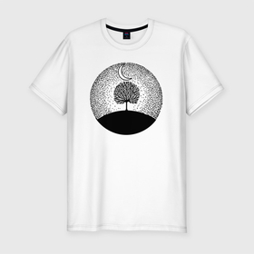 Мужская футболка хлопок Slim с принтом Луна и дерево , 92% хлопок, 8% лайкра | приталенный силуэт, круглый вырез ворота, длина до линии бедра, короткий рукав | абстракция | арт | ветки | дерево | звезды | луна | небо | ночь | природа | рисунок