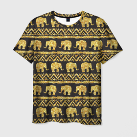 Мужская футболка 3D с принтом золотые слоны в Екатеринбурге, 100% полиэфир | прямой крой, круглый вырез горловины, длина до линии бедер | gold | золото | золотой слон | паттерн | слоны | текстуры
