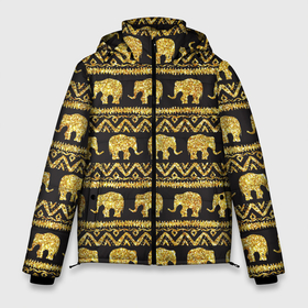 Мужская зимняя куртка 3D с принтом золотые слоны в Екатеринбурге, верх — 100% полиэстер; подкладка — 100% полиэстер; утеплитель — 100% полиэстер | длина ниже бедра, свободный силуэт Оверсайз. Есть воротник-стойка, отстегивающийся капюшон и ветрозащитная планка. 

Боковые карманы с листочкой на кнопках и внутренний карман на молнии. | Тематика изображения на принте: gold | золото | золотой слон | паттерн | слоны | текстуры