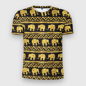Мужская футболка 3D Slim с принтом золотые слоны в Курске, 100% полиэстер с улучшенными характеристиками | приталенный силуэт, круглая горловина, широкие плечи, сужается к линии бедра | gold | золото | золотой слон | паттерн | слоны | текстуры