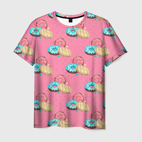 Мужская футболка 3D с принтом Яркие пончики паттерн в Кировске, 100% полиэфир | прямой крой, круглый вырез горловины, длина до линии бедер | еда | паттерн | пончик | сладости