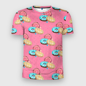 Мужская футболка 3D Slim с принтом Яркие пончики паттерн в Новосибирске, 100% полиэстер с улучшенными характеристиками | приталенный силуэт, круглая горловина, широкие плечи, сужается к линии бедра | еда | паттерн | пончик | сладости