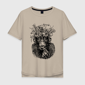 Мужская футболка хлопок Oversize с принтом Обезьяна Франкенштейн в Санкт-Петербурге, 100% хлопок | свободный крой, круглый ворот, “спинка” длиннее передней части | Тематика изображения на принте: аппарат | голова | животное | животные | обезьяна | природа | франкенштейн | шимпанзе | шлем