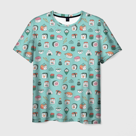 Мужская футболка 3D с принтом Кавайные суши и роллы с глазами в Белгороде, 100% полиэфир | прямой крой, круглый вырез горловины, длина до линии бедер | Тематика изображения на принте: еда | кавай | роллы | суши | унаги | япония | японская