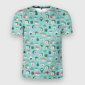 Мужская футболка 3D Slim с принтом Кавайные суши и роллы с глазами в Курске, 100% полиэстер с улучшенными характеристиками | приталенный силуэт, круглая горловина, широкие плечи, сужается к линии бедра | еда | кавай | роллы | суши | унаги | япония | японская