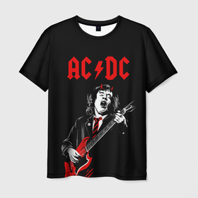 Мужская футболка 3D с принтом AC DC Ангус Янг гитарист в Петрозаводске, 100% полиэфир | прямой крой, круглый вырез горловины, длина до линии бедер | Тематика изображения на принте: ac | ac dc | acdc | dc | music | rock | музыка | рок